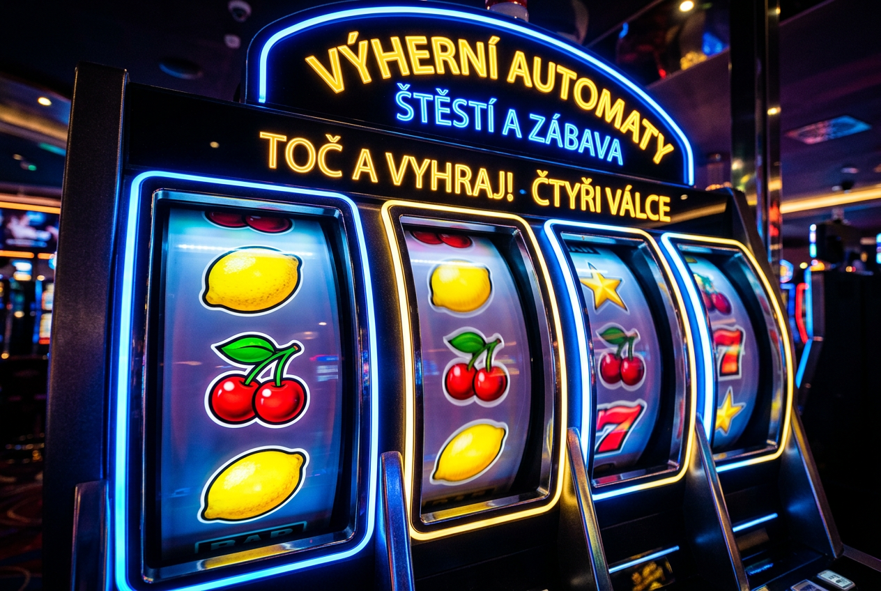 Detailní záběr na točící se válce automatu s ovocnými symboly a neonovými světly